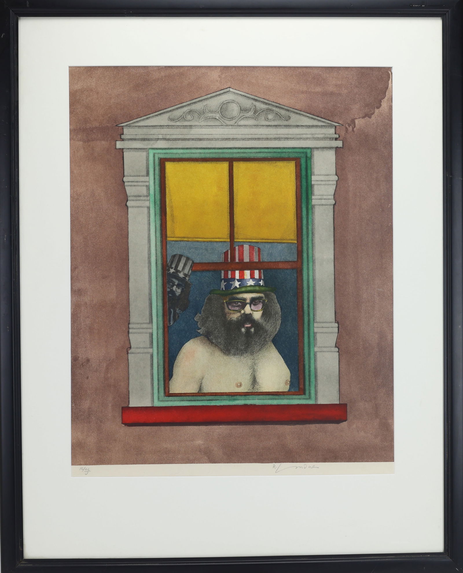 Richard Lindner (1901 - 1978): Lithograph, "Poet from Fun City", 1971, pencil signed and numbered, depicting a bearded figure wearing a stars and stripes top hat framed within an architectural window. 24"h x 19"w sight and 35"h x 2