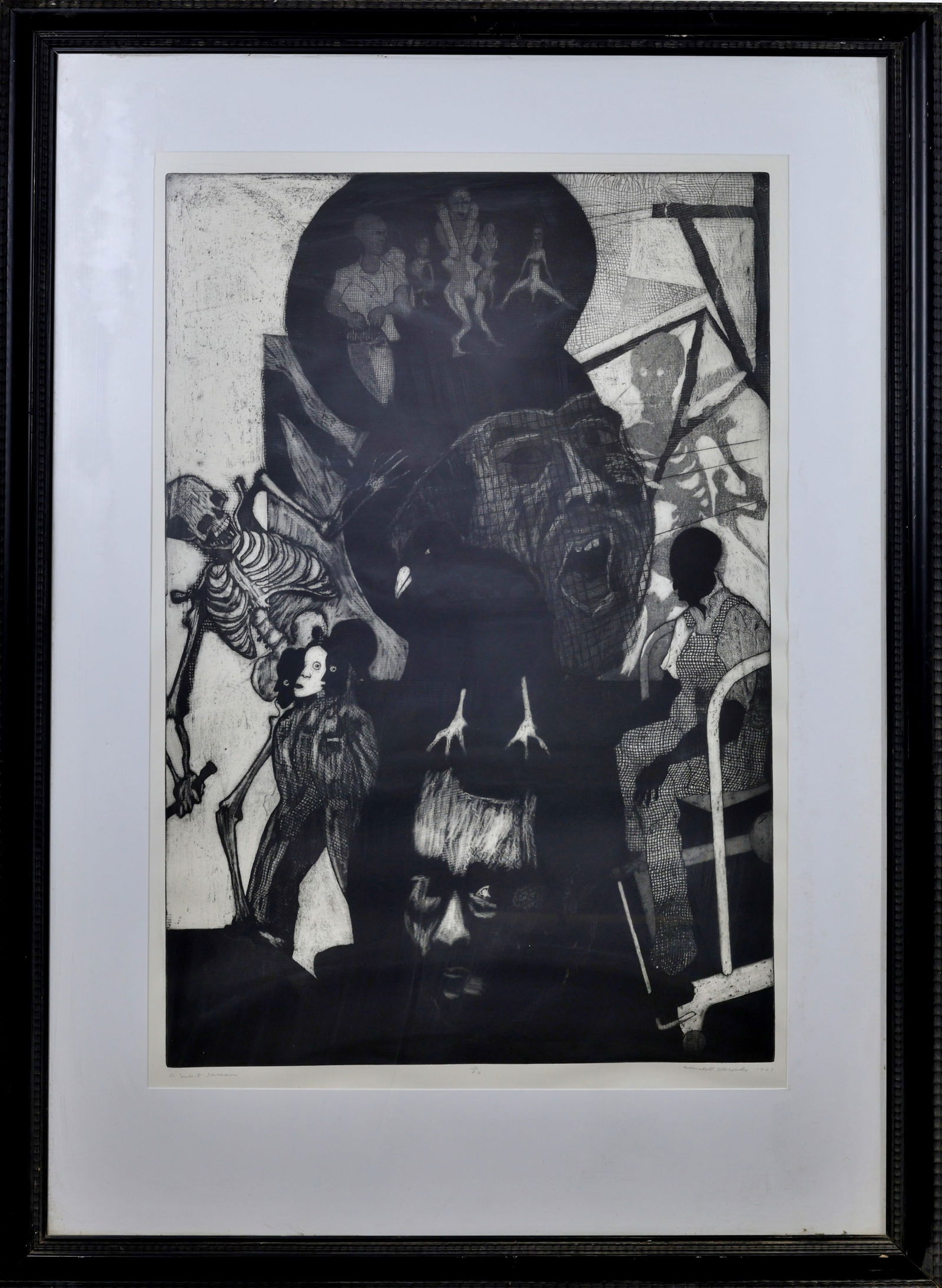 Wendell T. Brooks (Born 1939): Lithograph, A Silent Scream, signed in pencil, haunting figural composition rendered in black and white. 36"h x 24"w sight and 50"h x 36"w framed