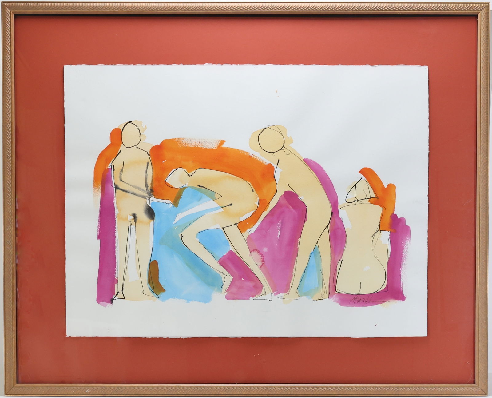 Murry Handler (20th/21st c.): Watercolor and ink on Arches paper, "Figure Study #1", SLR. Four nude figures in various stances. 22"h x 29"w sight and 33"h x 40"w framed