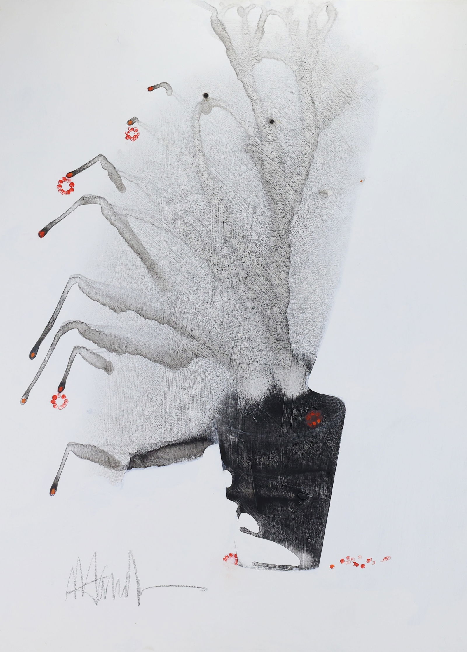 Murry Handler (20th/21st c.): Oil/ink wash on canvas "Potted Redring", SLL and dated en verso 2019. Surreal floral still life. 40"h x 30"w overall