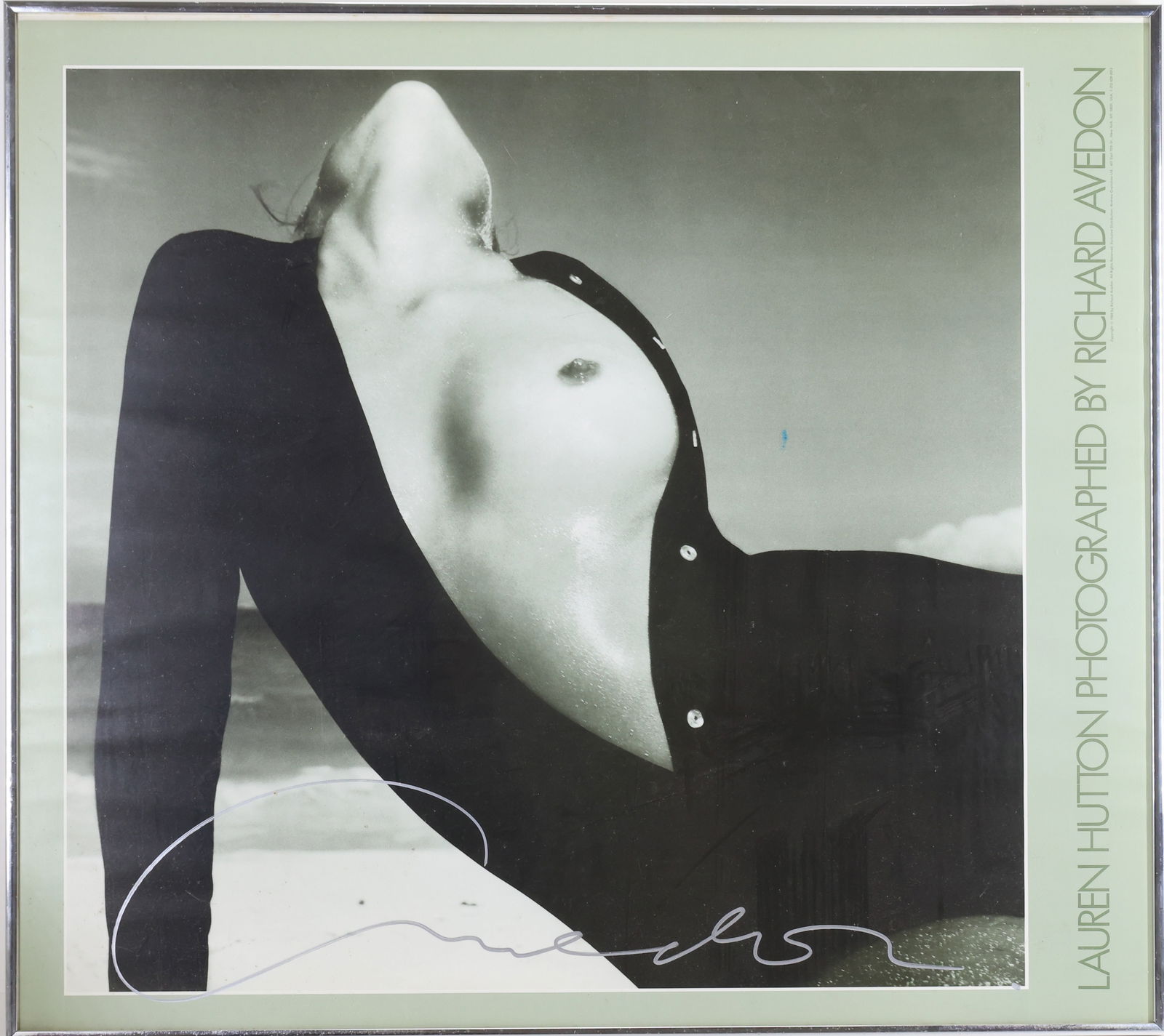 Richard Avedon (1923-2004): Color offset lithograph, "Lauren Hutton", 1968, signed by Avedon in silver ink. Iconic fashion portrait of Lauren Hutton. 27"h x 20"w framed