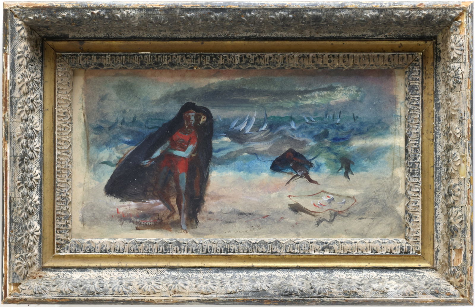 Louis (Luigi) Bosa (1905 - 1981): Mixed media, SLL. Cloaked figures walking along a sandy shoreline. Several sailboats are at the horizon and a smattering of fish are in the shallow waters. 6"h x 11"w sight and 9.5"h x 14.75"w framed