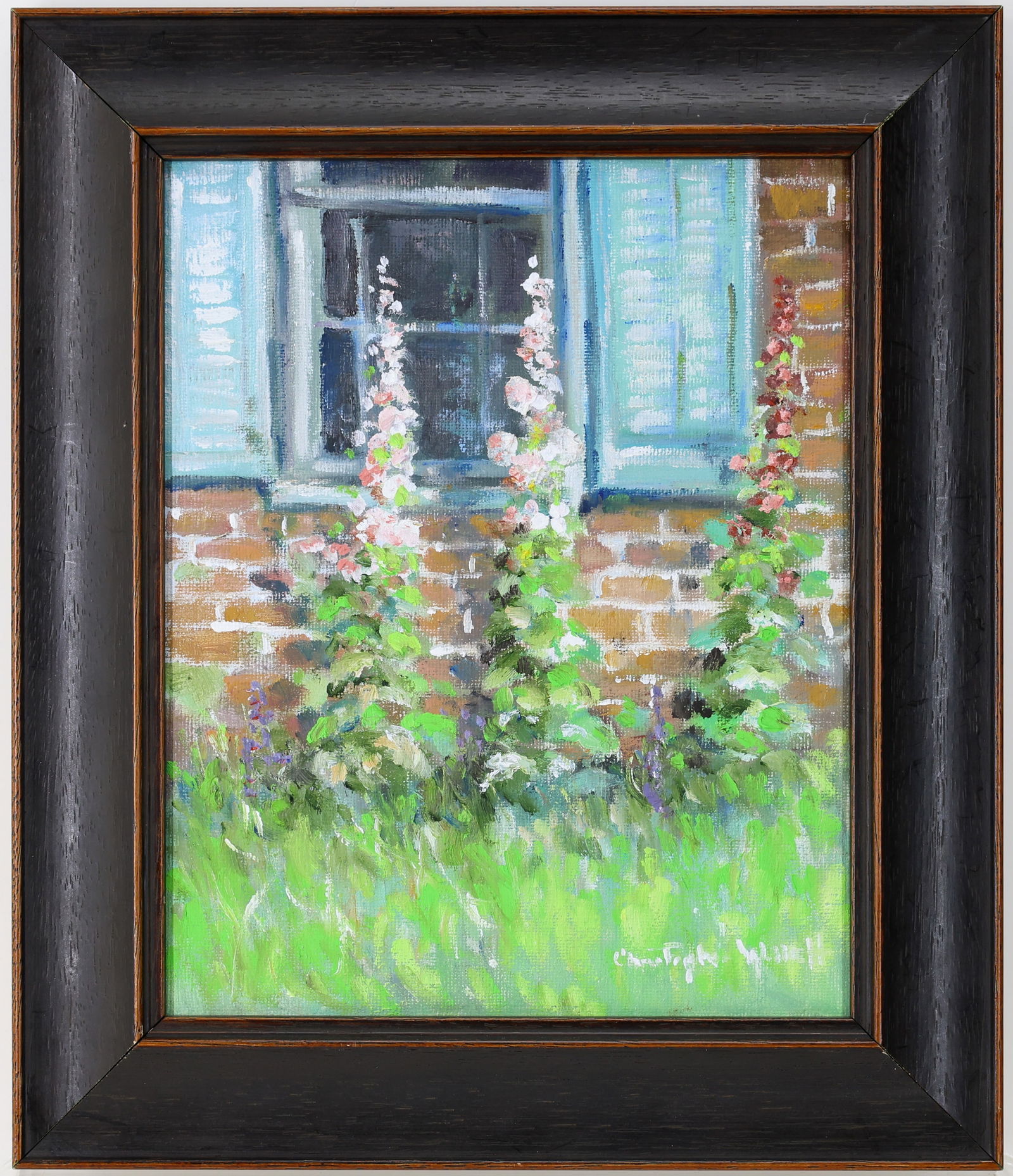 Christopher G. Willett (Born 1959): Oil on canvas, SLL with a inscription from artist en verso. Flowering Hollyhocks in front of brick building with windows. 10"h x 8"w and 13"h x 11"w framed