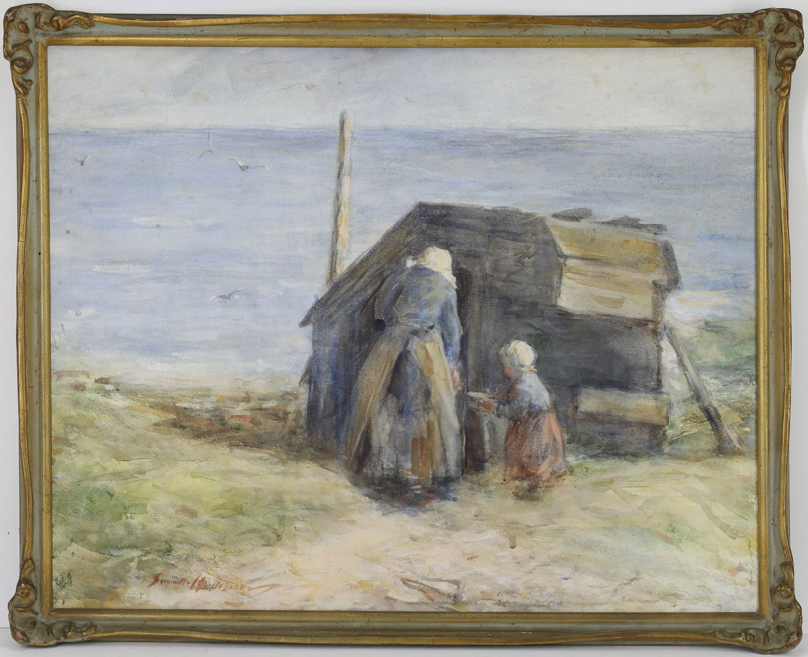 Robert Gemmell Hutchison (1855 - 1936): Watercolor, "Feeding Hens on the Coast", SLL. Coastal landscape of a mother and child tending to their animals. 20.5"h x 25"w framed