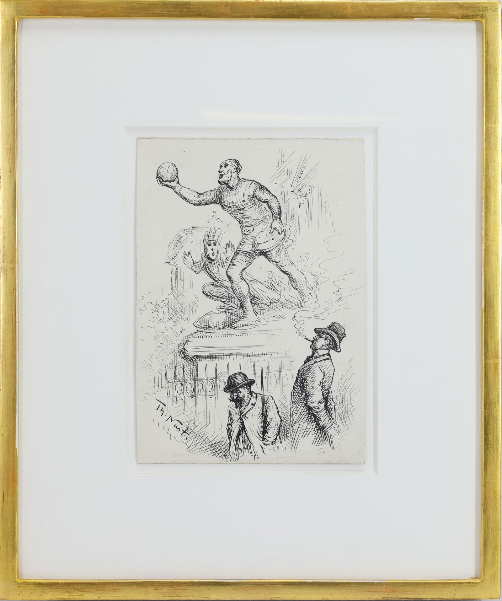 Thomas Nast (1840 - 1902): Ink on paper, "Base Ball", SLL. Drawing is a parody of Henry Longfellow's poem "Excelsior". 8.5"h x 6"w sight and 16"h x 13.5"w framed