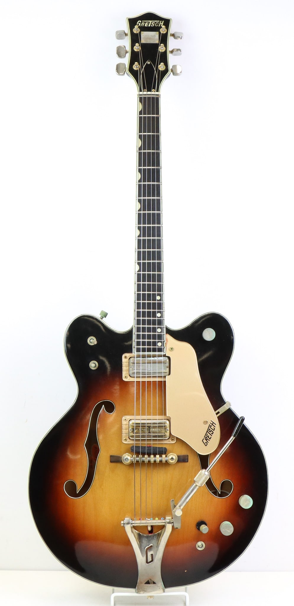 Gretsch Viking Electric Guitar: Gretsch Viking Electric Guitar. Serial Number 70411, 1964, Brooklyn NY. Thin Hollow Body, Original Finish Shows Minor "Orange Peeling". Thumbnail Inlaid Ebony Fingerboard with No Cracks, Neck is Strai