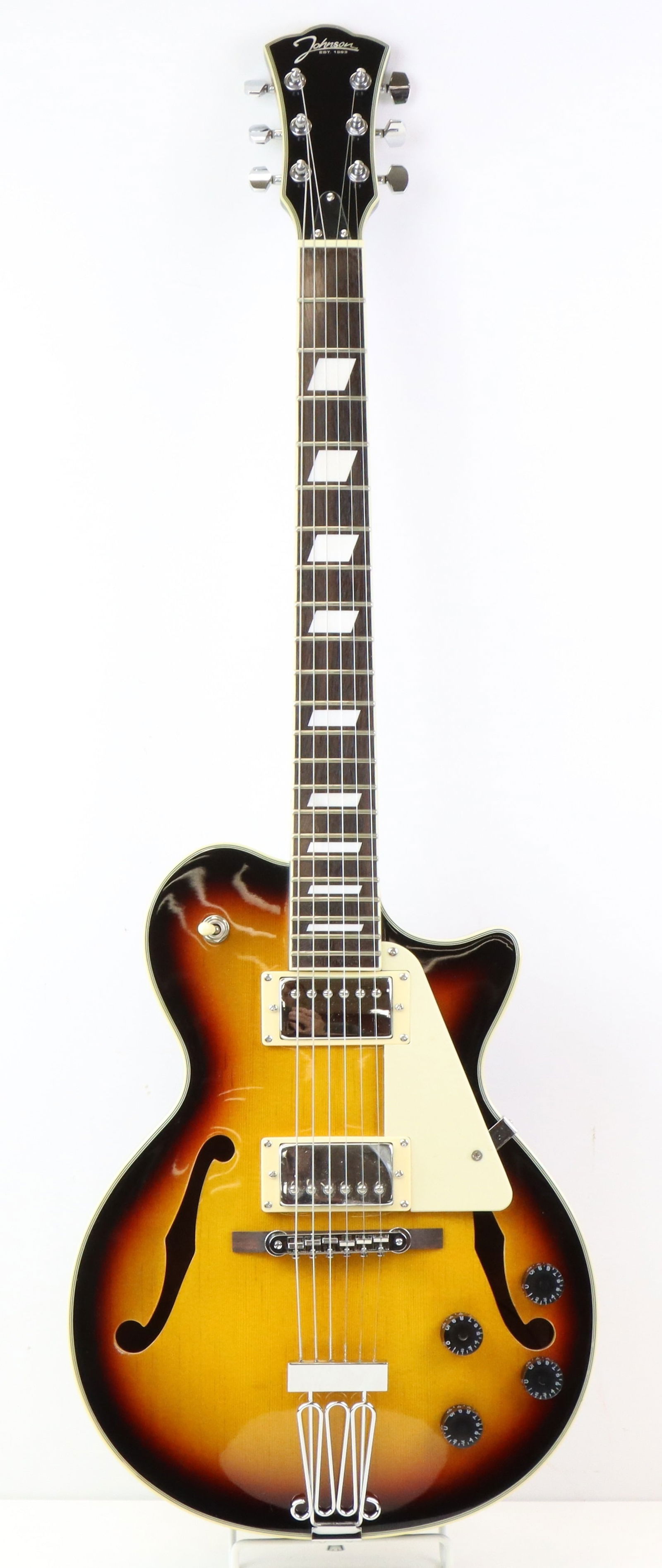Johnson Semi-Hollow Electric Guitar: Johnson Delta Rose Semi-Hollow Les Paul Style Electric Guitar. Good Used Condition. Minimal Playing Wear. Rough Fret Edges. Neck Needs Minor Adjustment to Correct Back Bow. Electronics OK. Hard Case 4