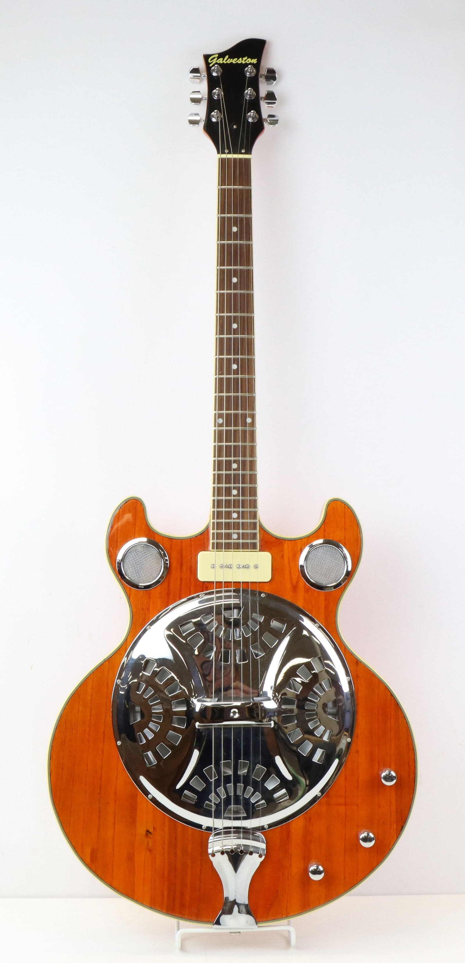 Galveston Resonator Acoustic/electric Guitar: Galveston Resonator Acoustic/Electric Thin Body Guitar. Excellent Used Condition. "P90" Pickup. No Visible Wear. Play Tested OK. No Case. Box 45.5"h x 20"w x 6.5"d