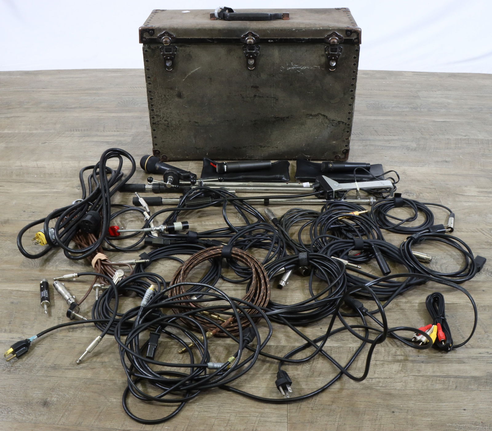 Vintage Gig and Equipment Case: Cable and equipment case stenciled "Bob Soldiver Orchestra, Statin Island, NY." Large assortment of XLR Cables, mic stands, 1/4" cables. Microphones including EV N/O 757B, Shure Sm77, and Shure SM57,