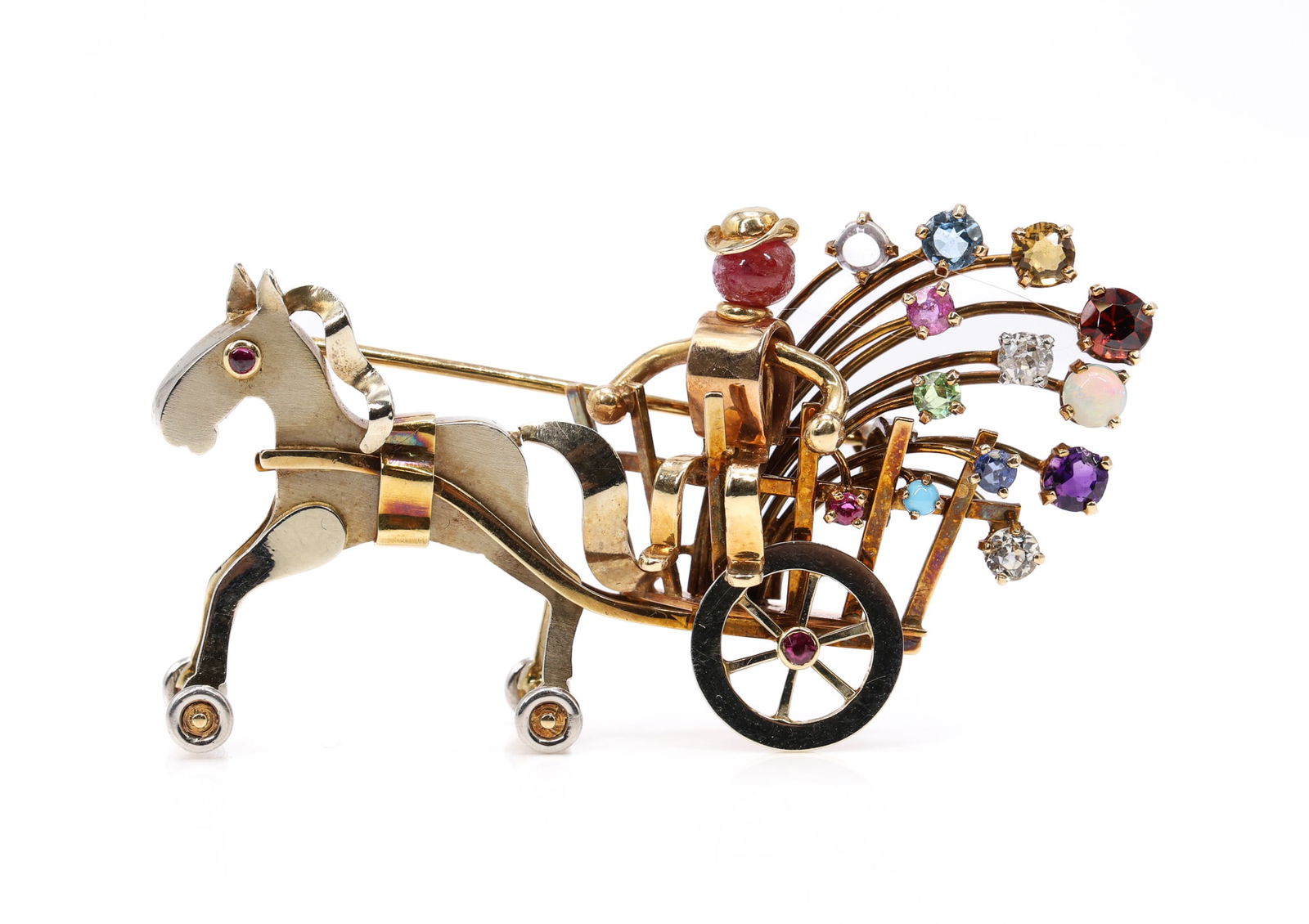 14k YG Gemstone Pin: 14k yellow gold figural horse and cart pin with free moving wheels, set with ruby, aquamarine, peridot, sapphire, diamond, and opal accents. 2.25" x 1.25" and 10.2dwt.