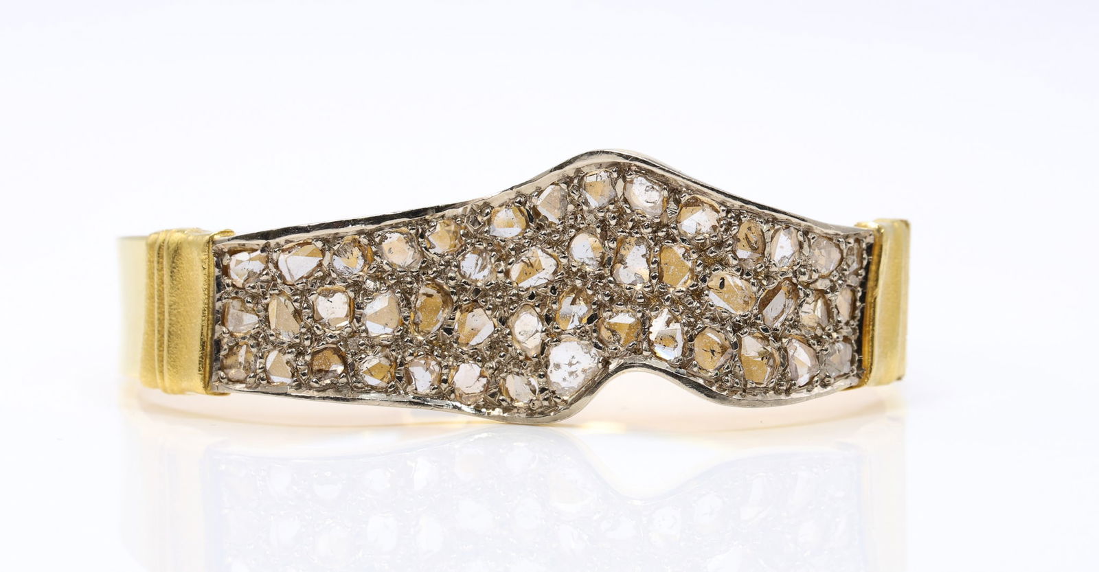 18k YG Mughal Diamond Bracelet: 18k yellow gold cuff bracelet set with Mughal cut diamonds. 6.5" and 24.2dwt.