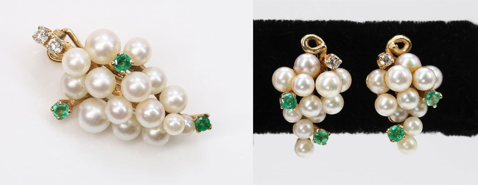 14k YG Pearl Emerald Suite: 14k yellow gold pin and matching earrings set with cultured pearls, round cut emeralds, and round cut diamonds. Earrings measure 5/8", pin measures 1". 4.1dwt.