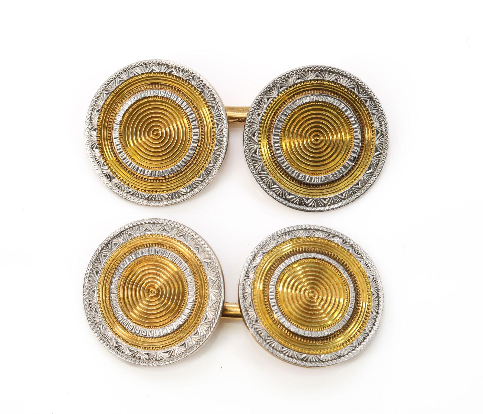14k YWG Cufflinks: 14k yellow and white gold engine turned cufflinks with concentric circular centers and textured borders, 5/8" dia., 5.5 dwt.