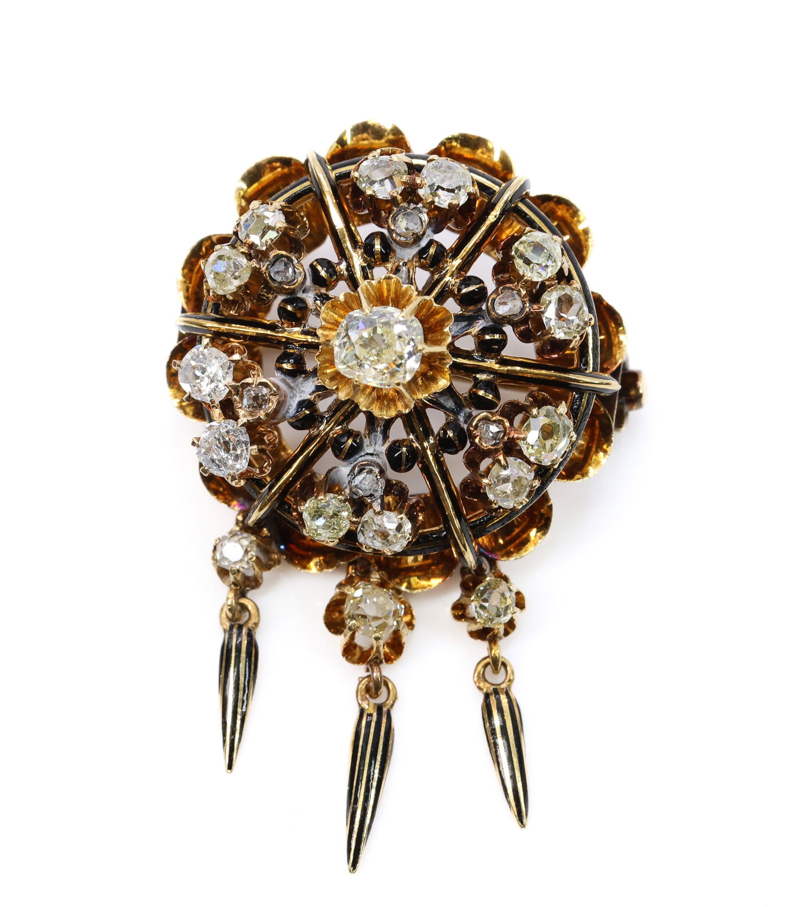 Victorian 14k YG Diamond Brooch: 14k yellow gold Victorian diamond and black enamel brooch with radial starburst design centered by an old mine cut diamond measuring approx. 4.5 × 4.1 mm, surrounded by additional old mine and rose