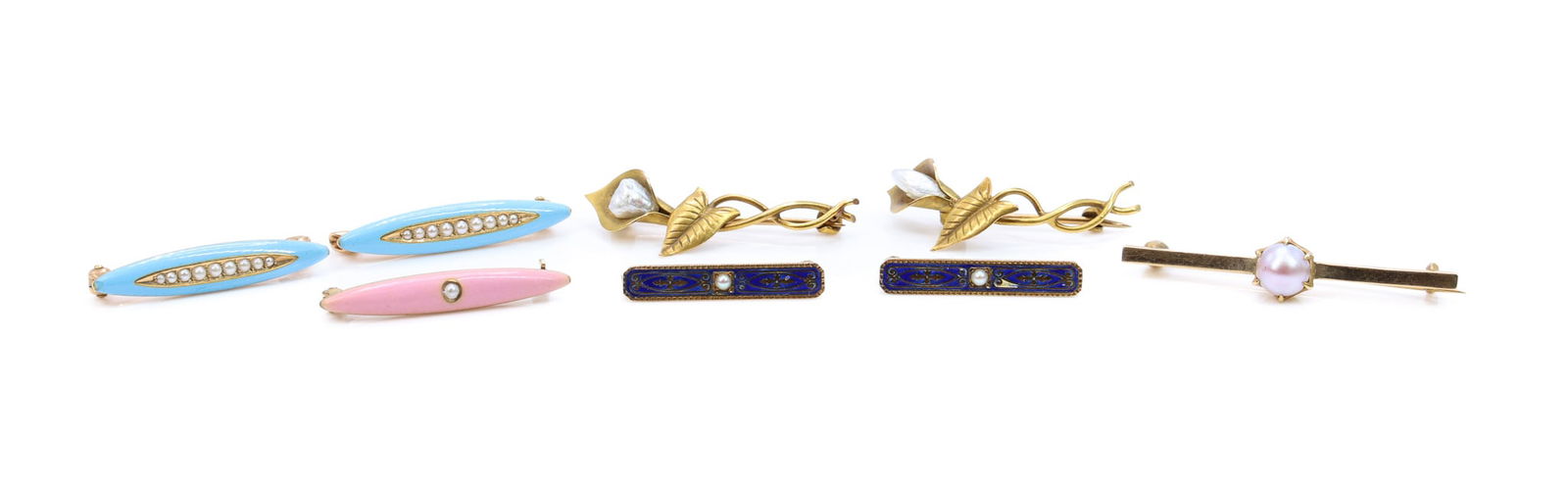 Victorian Gold Pins: victorian pins, (2) 14k robins egg blue enamel, 14k pink enamel, 15k pearl pin, (2) 14k navy blue enamel and pearl, one with loss, and (2) 10k pearl floral pins. largest 1.25" and 6.0dwt total.