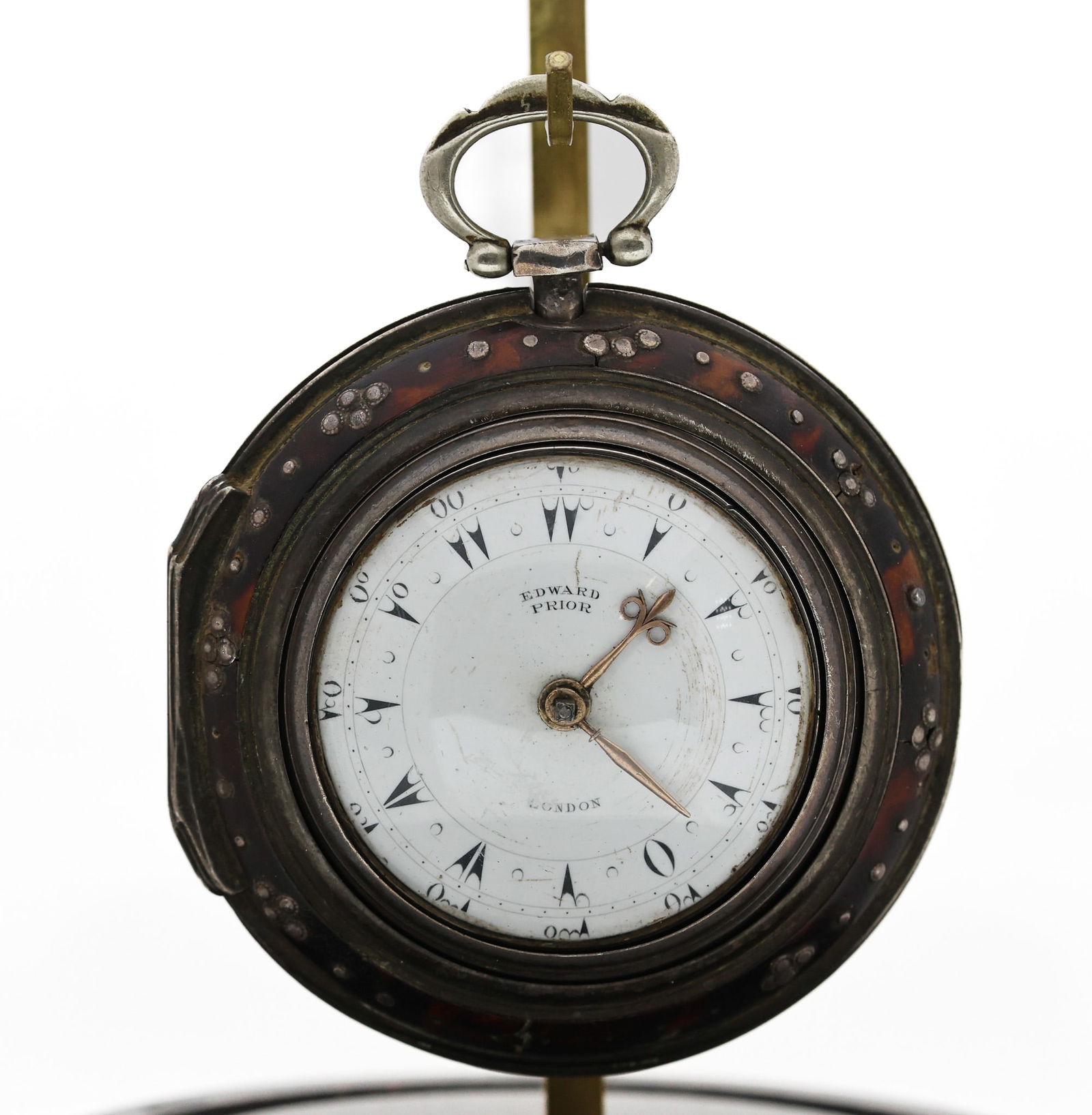 Edward Prior Tortoise, Sterling Silver Triple-Cased Pocket Watch: Edward Prior Tortoise, Sterling Silver Triple-Cased Pocket Watch., Dial is white enamel, black Turkish hour numerals, black outer minutes track, black outer Turkish five interval numeral markers,