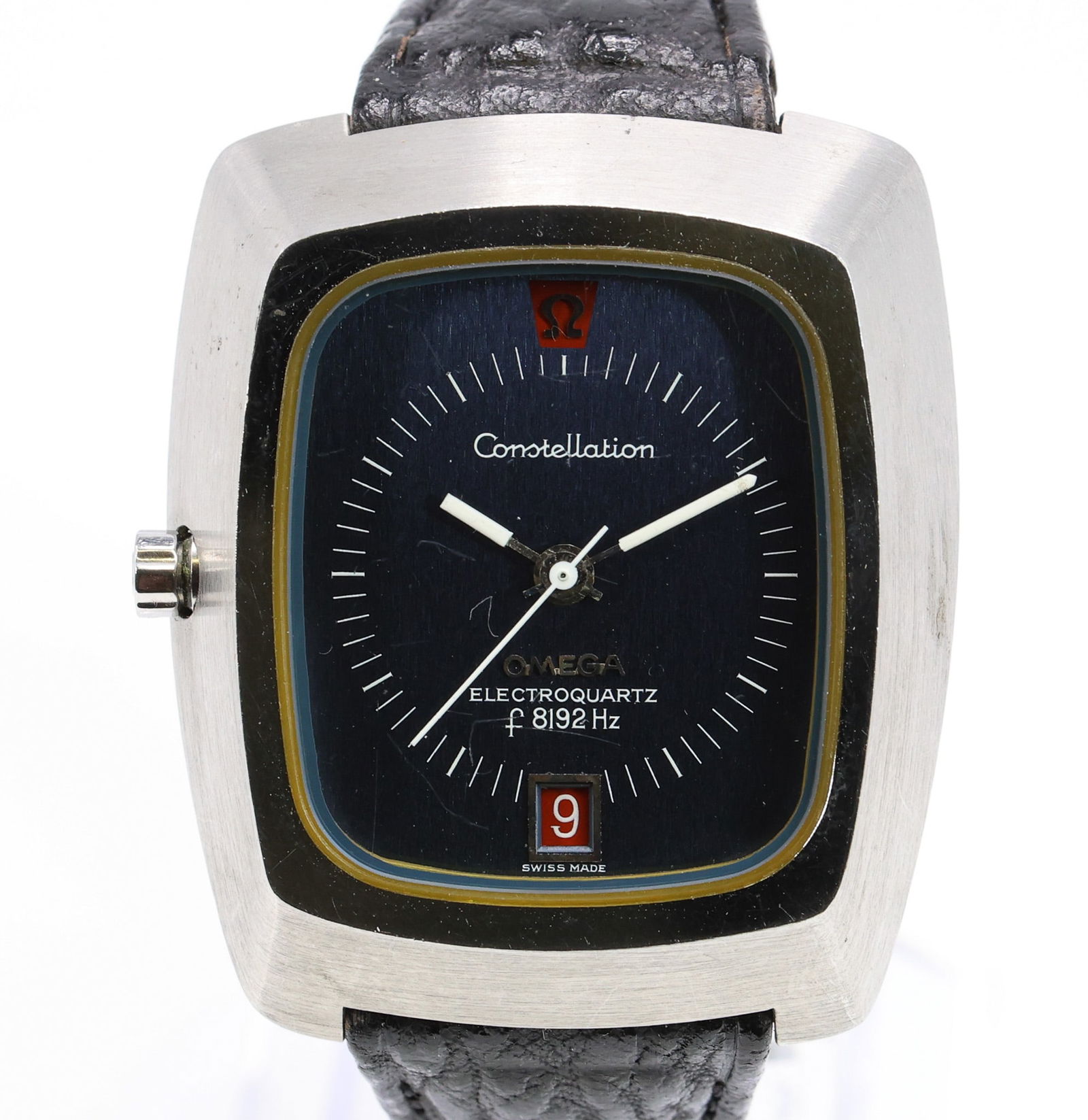 Omega Constellation Electroquartz, Ref. 196.005: Stainless steel, reference 196.005, with integrated bezel and signed Omega clasp. Blue sunburst dial with applied white baton hands and printed minute track, signed Omega Constellation Electroquartz