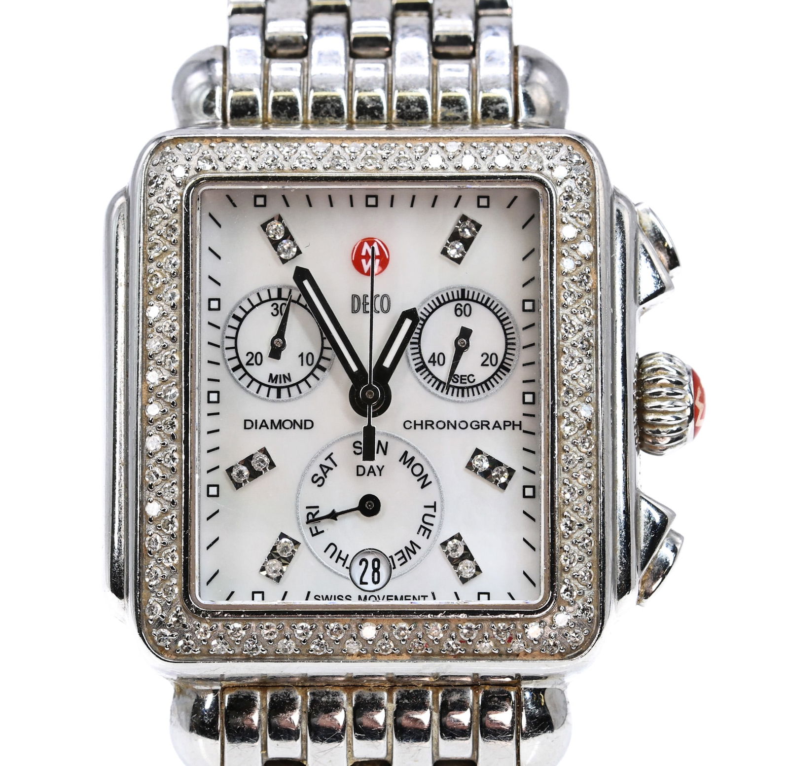 Michele Deco Diamond Chronograph Wristwatch: Stainless steel rectangular Deco case, Ref. MWW06A000775, 35 mm, with diamond-set bezel totaling approximately 0.60 carat. White mother-of-pearl dial with applied Arabic numerals, three chronograph