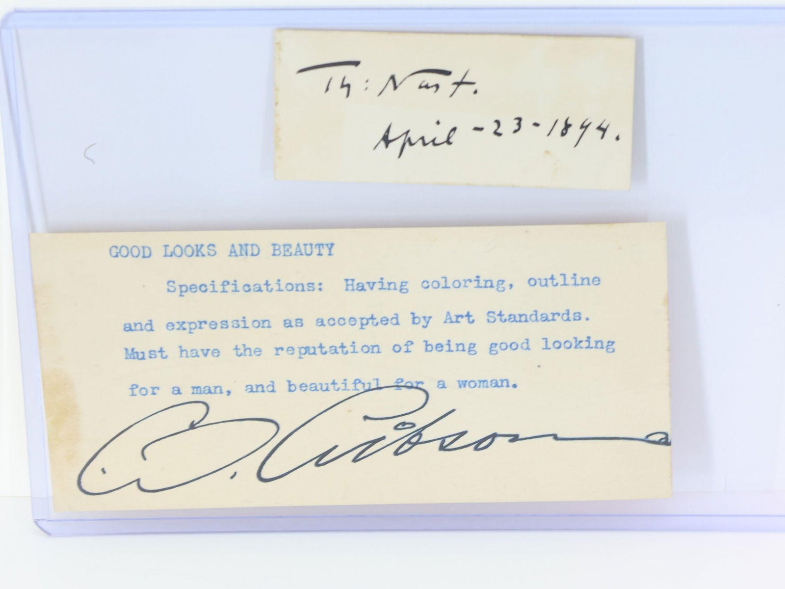 Autographs of American Artists Thomas Nast and Charles Dana Gibson: Pair of autographs of American artists including ; 1.) Autograph of Thomas Nast (1840-1902) German-born American artist, caricaturist and cartoonist. Autographed on card signed "Th. Nast. April 23. 18