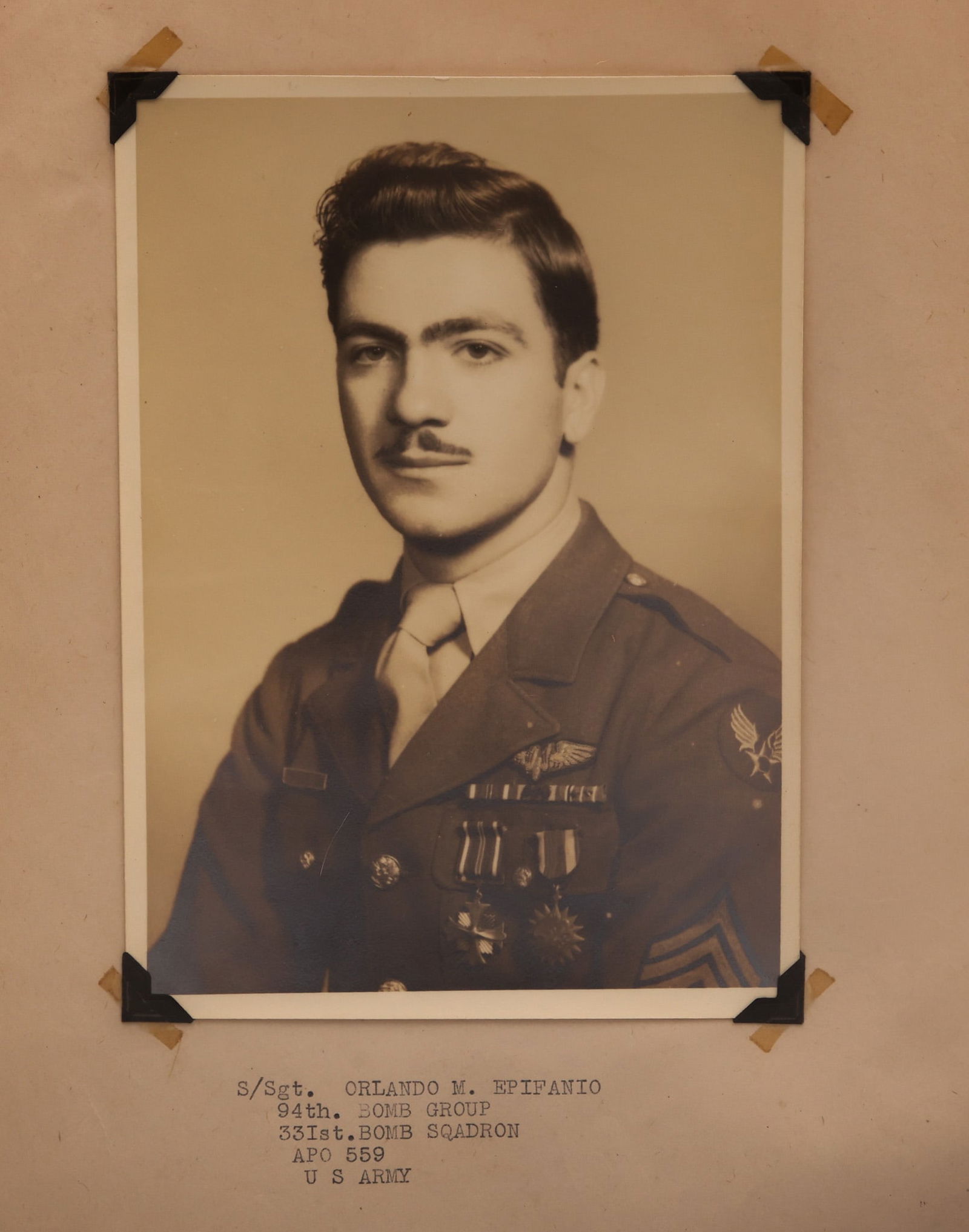 World War II Archive/Journal for Orlando M. Epifano of the 8th Army Air Force: Archive related to Staff Sergent Orlando M. Epifanio of the 94th Bomb Group, 331st Bomb Squadron. Archive includes; 1.) A 10" x 8" bust photograph of Epifanio in uniform. 2.) A 7" x 5" bust photograph