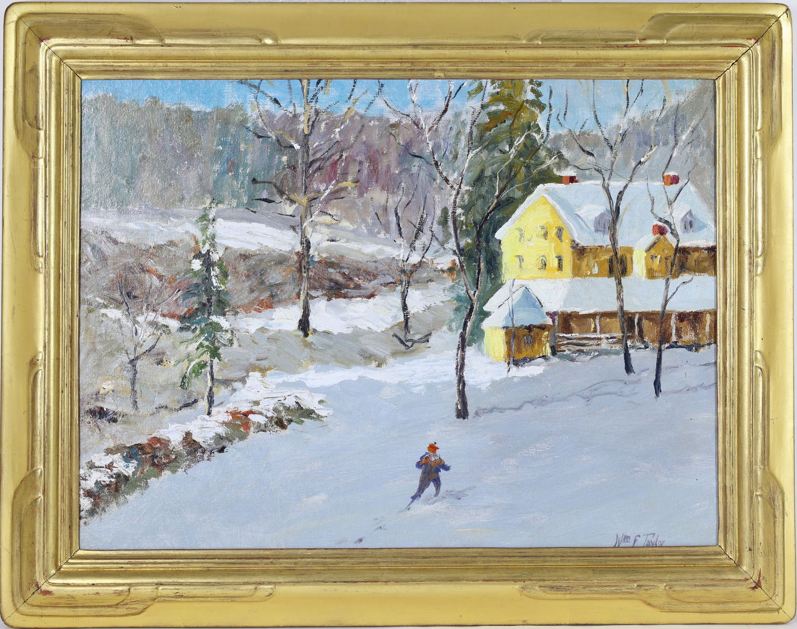 William Francis Taylor (1883 - 1970): Oil on canvas, SLR. Impressionist winter landscape with yellow farmhouse, outbuildings, and a figure crossing snowy yard. 16"h x 21"w and 20"h x 25"w framed