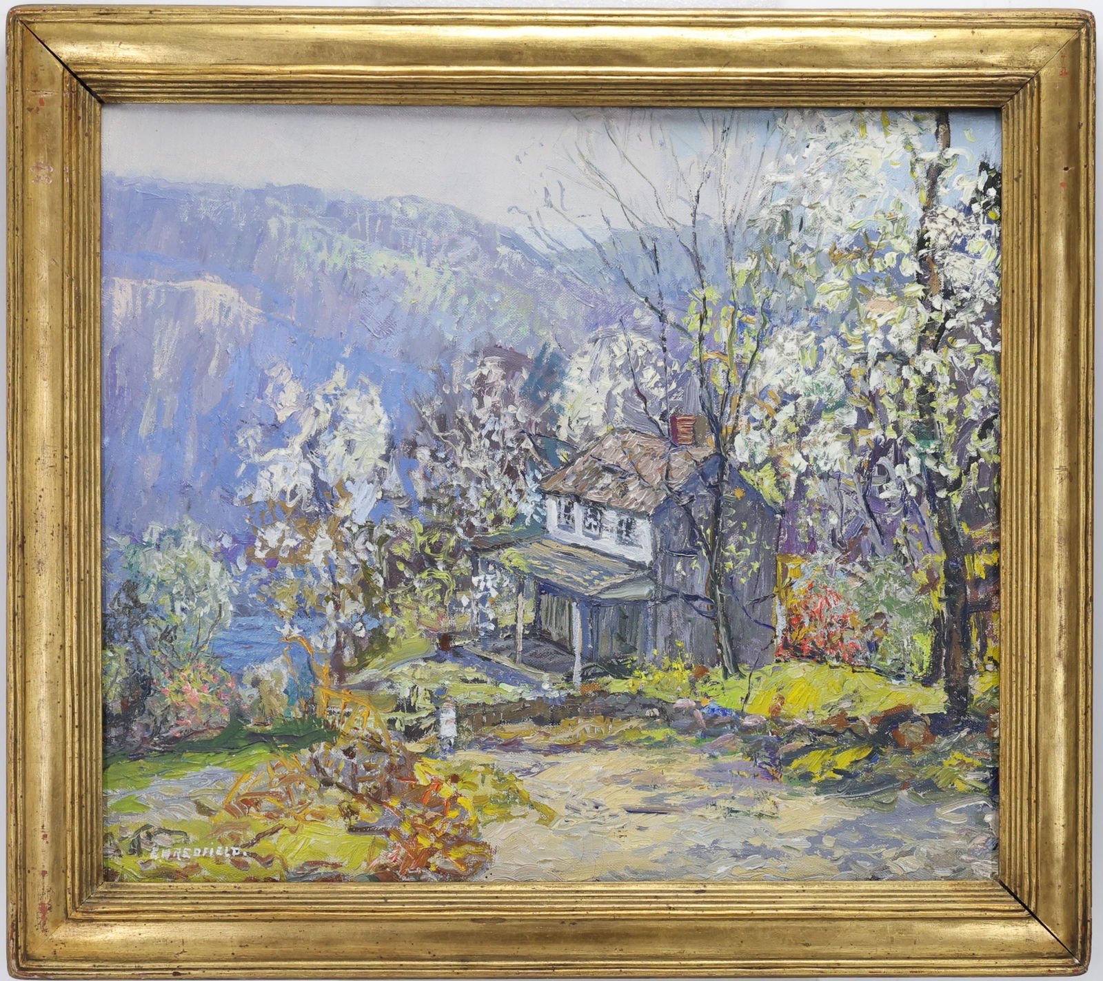 Edward Willis Redfield (1869 - 1965): Oil on canvas, SLL. Impressionist landscape of a riverside cottage and vibrant spring foliage. Provenance: Freemans Auction. 18.5"h x 22"w and 23"h x 26"w framed. From the Estate of George R. Parry, p