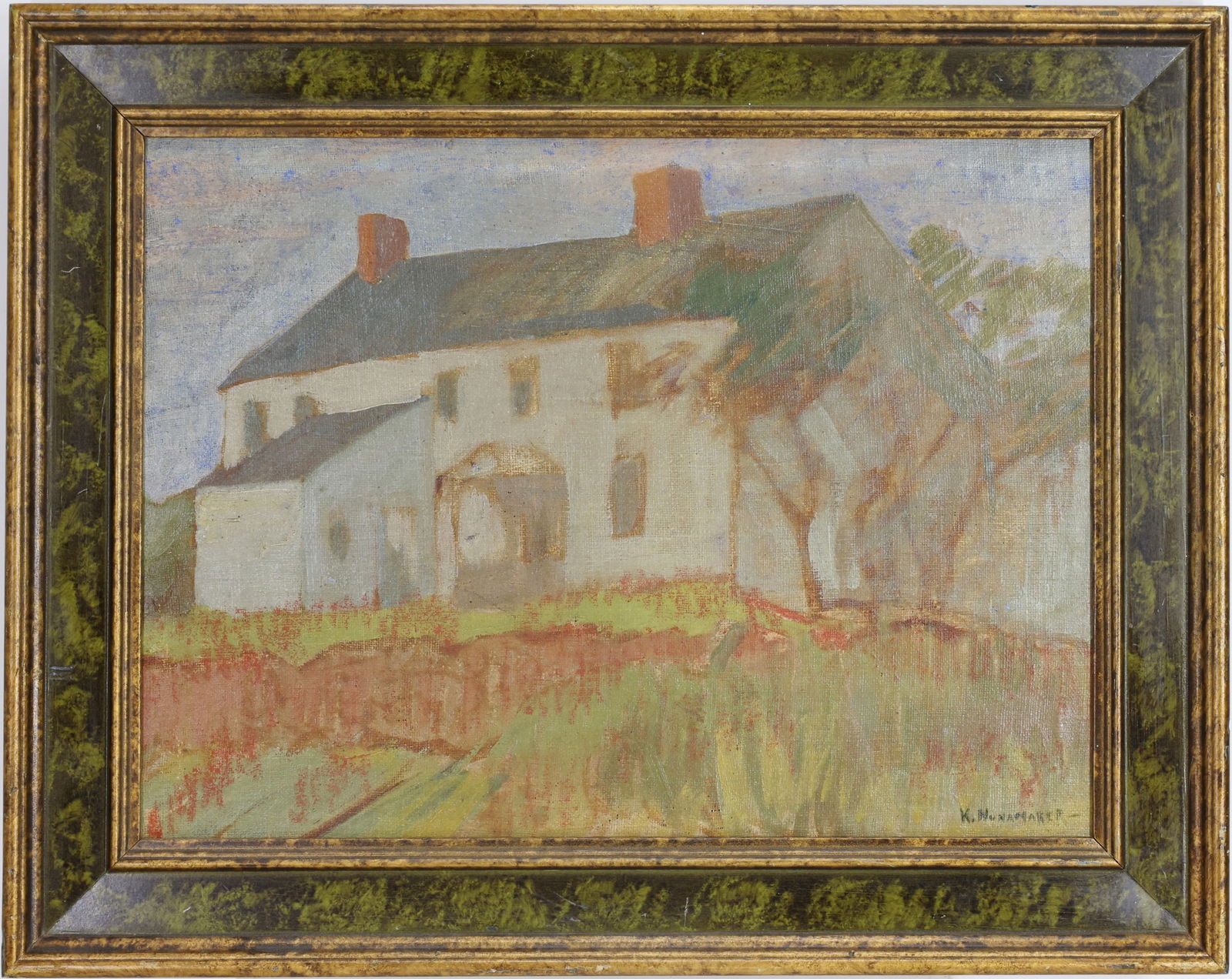 Kenneth R. Nunamaker (1890 - 1957): Oil on board, SLR. Impressionist autumn landscape with white farmhouse, outbuilding, and trees along a sloping foreground. 12h x 16"w and 15.75"h x 19.75"w framed