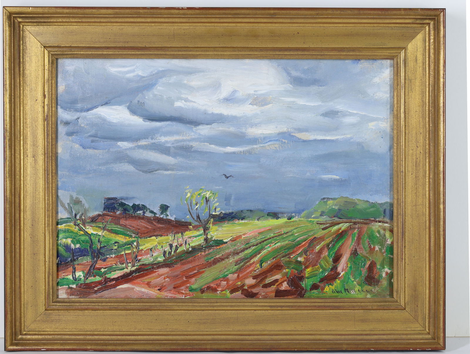 John Fulton Folinsbee (1892 - 1972): Oil on board, "Stormy Skies', SLR. Impressionist rural landscape with plowed earth, trees, and rolling fields. 10"h x 14"w and 13.5"h x 17.5"w framed