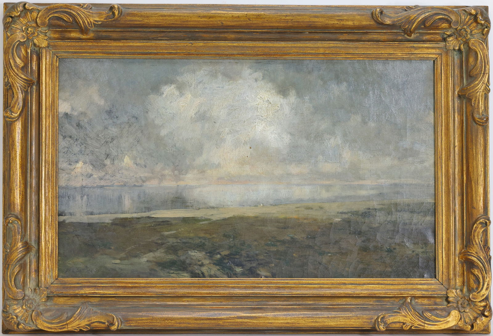 William Langson Lathrop (1859 - 1938): Oil on canvas, SLR. Tonalist coastal landscape with tidal flats and overcast sky. 12"h x 20"w and 12"h x 20"w and 17"h x 25"w framed