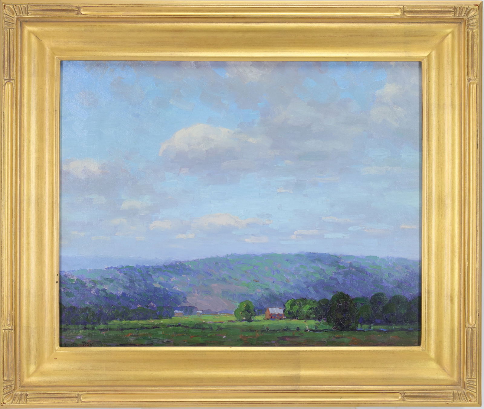 Harry Leith-Ross (1886 - 1973) FA: oil on canvas, “June Skies,” SLL, Impressionist landscape with distant rolling hills, open green field, scattered trees, small farmhouse, and an expansive blue sky with clouds. 16”h x
