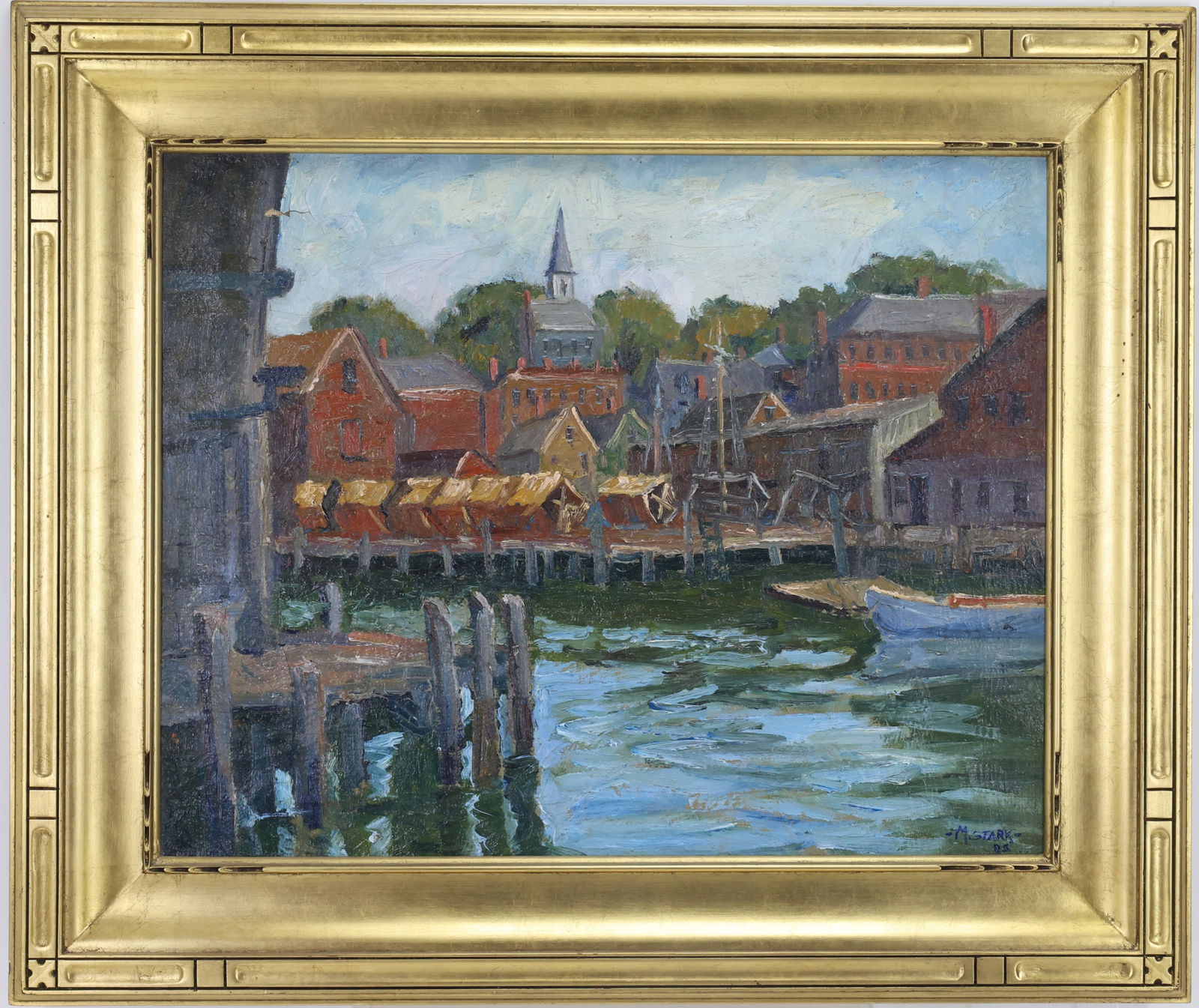 Melville F. Stark (1903 - 1987) FA: oil on canvas, SDLR, dated ’85, Impressionist harbor scene with dock pilings, moored boat, waterfront buildings, church steeple, and market awnings along the shoreline. “Freemansburg”