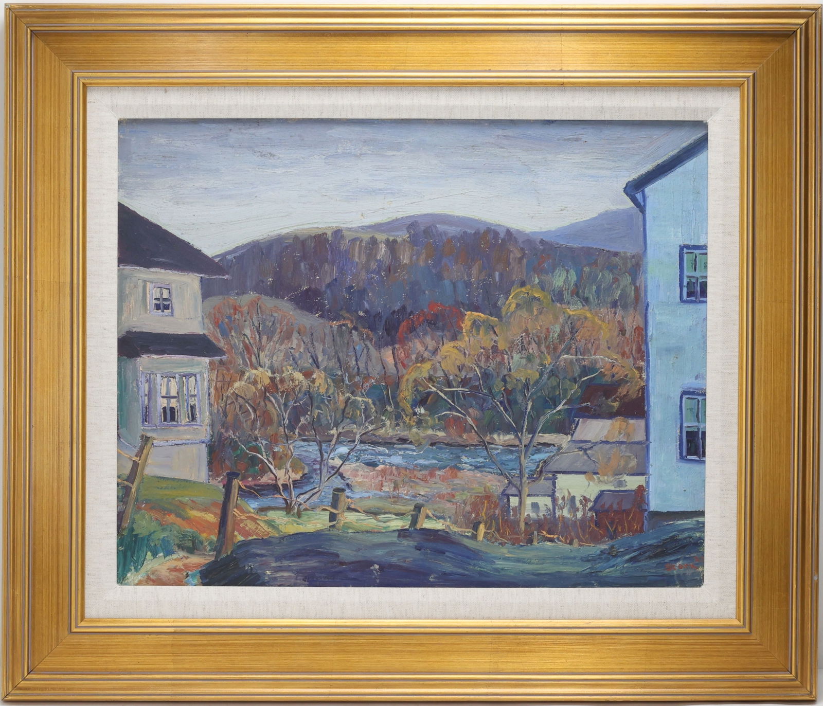 Melville F. Stark (1903 - 1987) FA: oil on board, “Honesdale Mountains”, SLR, Impressionist riverside view with houses framing the foreground, winding river below, autumn trees along the banks, and wooded hills in the distance.
