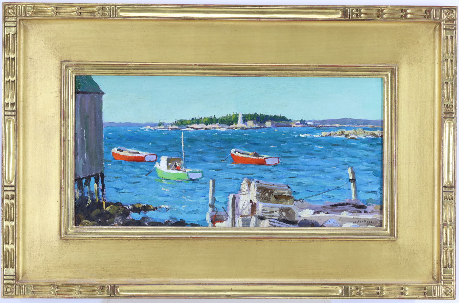 Harry Leith-Ross (1886 - 1973): Oil on board "Three Boats", SLR. Impressionist harbor scene with moored skiffs and distant lighthouse beyond choppy blue water.8"h x 16"w and 15"h x 23.75"w framed