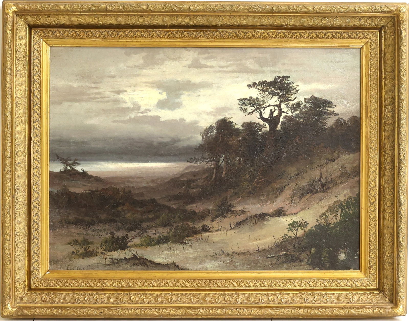 Carl (C. Weber) Weber (1850 - 1921): Oil on canvas, "Trees on a Shoreline", SLL. Barbizon School style landscape with sandy coastal dunes with windswept trees. 17"h x 22.5"w and 23"h x 28"w framed