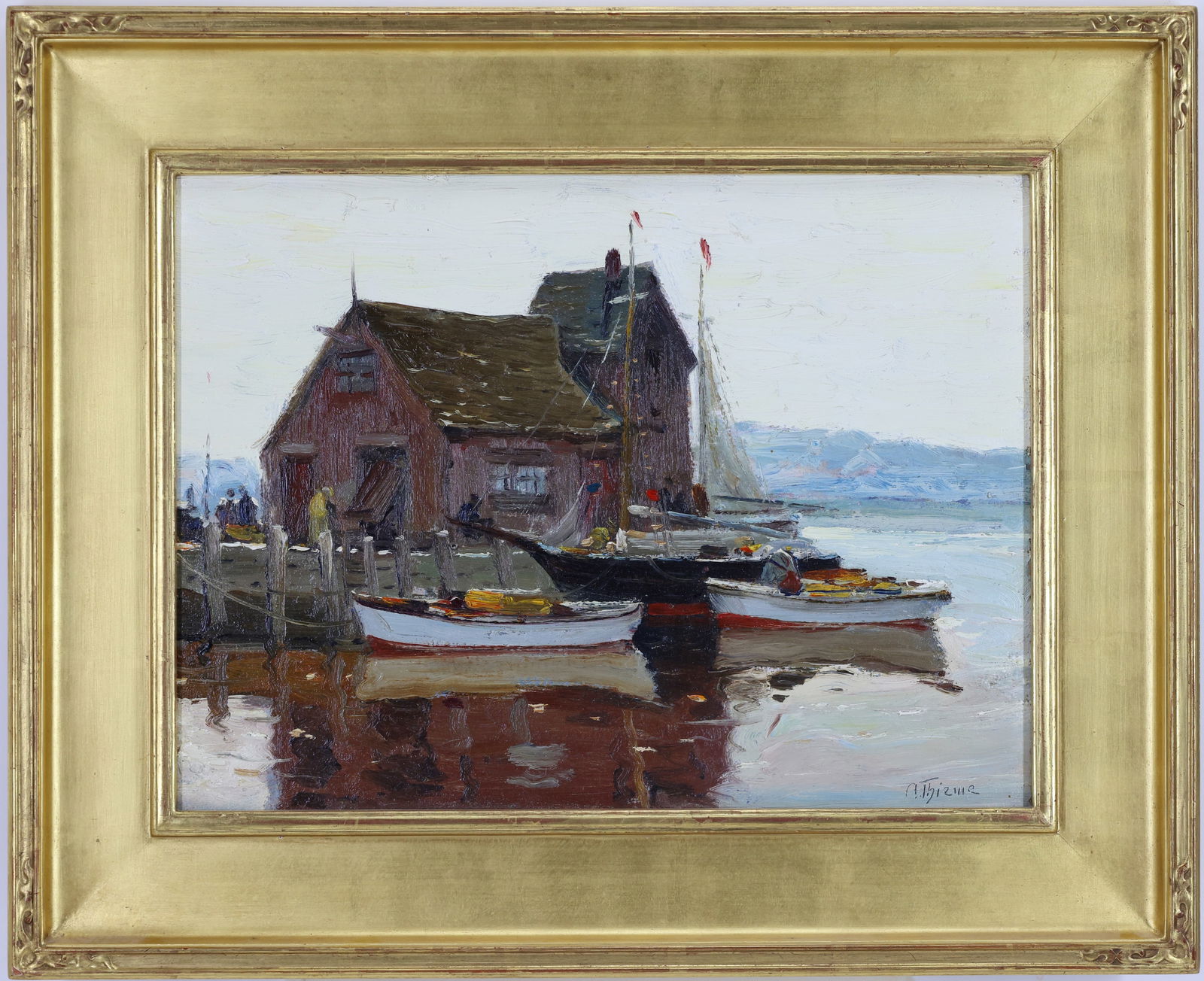Anthony Thieme (1888 - 1954) Newcomb Macklin Frame: Oil on board, SLR. Impressionist coastal scene with red boathouse and tied boats reflected in a calm harbor. 12"h x 16"w and 17.75"h x 21.75"w framed