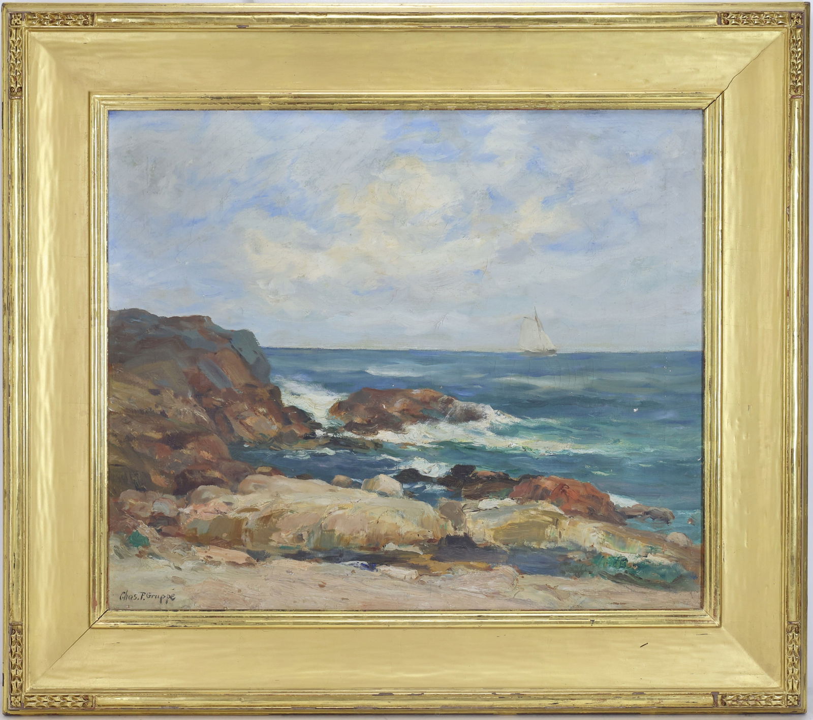 Charles Paul Gruppe (1860 - 1940): Oil on canvas, "Bass Rock, Mass", SLR. Impressionist seascape with waves breaking over rocks and distant sailboat. Provenance: Freemans Auction. 20"h x 24" and 28"h x 32"w framed