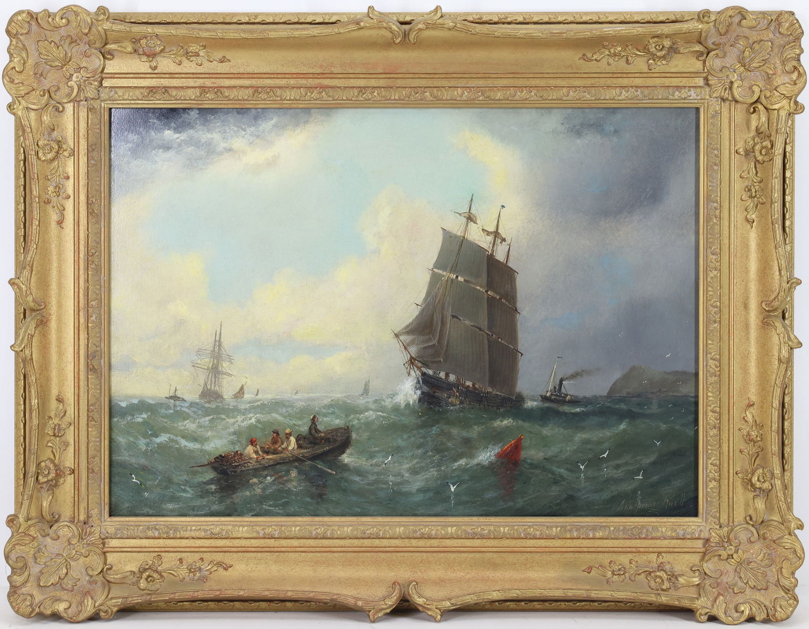 Adolphus Knell (1860 - 1890): Oil on board. SLR. Nautical scene with tall masted ship and figures in rowboat on choppy waves. 12"h x 17.5"w and 18"h x 23"w framed