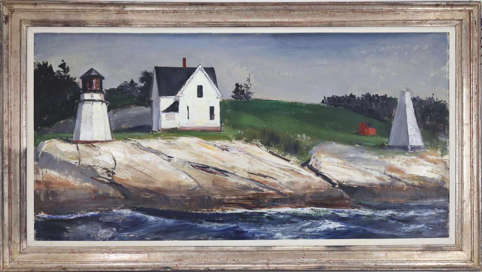 Peter Cook (1915 - 1992): Oil on board, "Mars Island Light Station", Impressionist coastal scene with lighthouse, keeper’s cottage, and rocky shores. Provenance: Newman Galleries. 24"h x 48"w and 30"h x 54"w framed