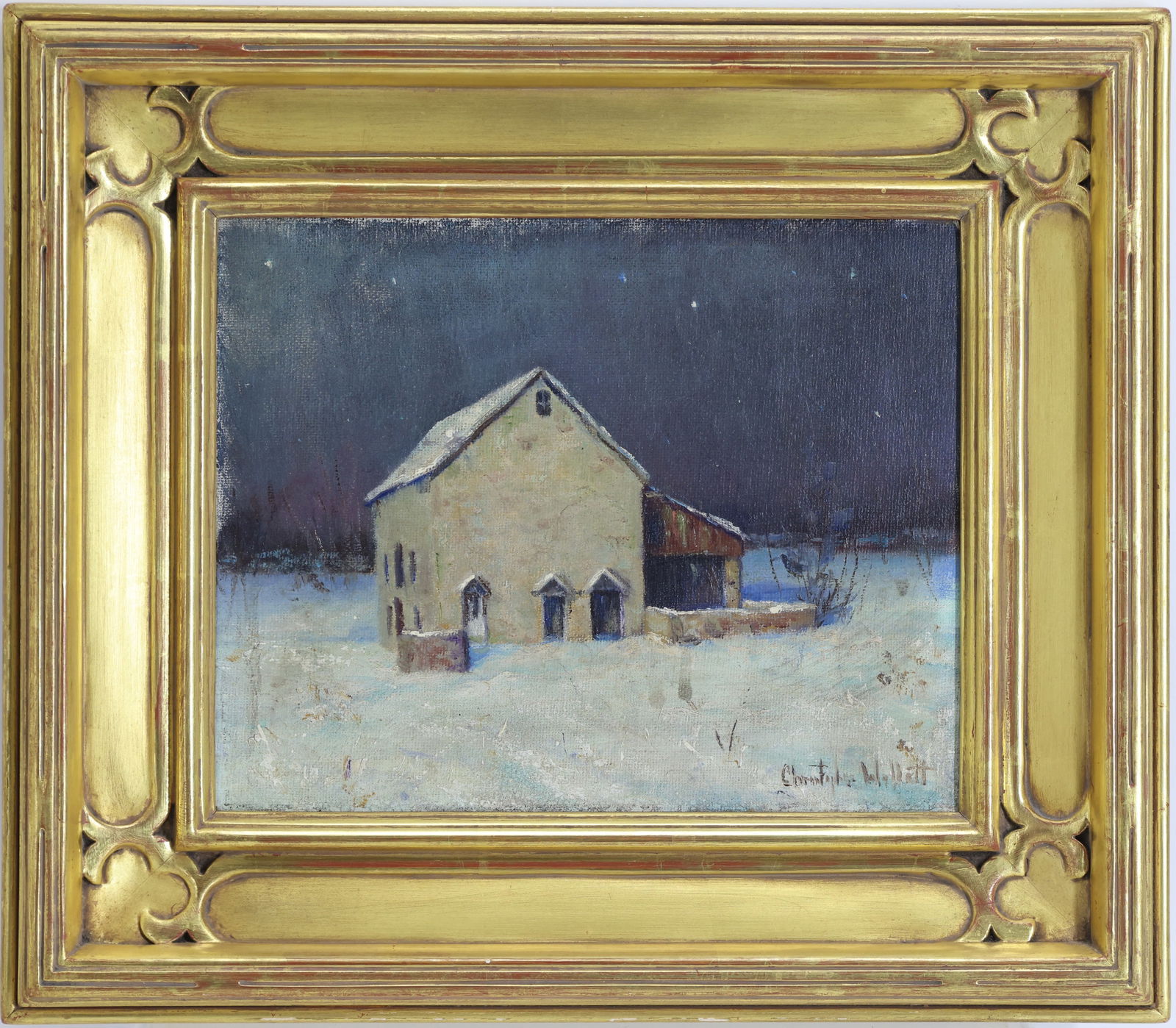 Christopher G. Willett (Born 1959): oil on canvas, "Tuckamoney Farm", SLR. Winter nocturne with small house and attached shed in open field. 8"h x 10"w and 13"h x 15"w framed