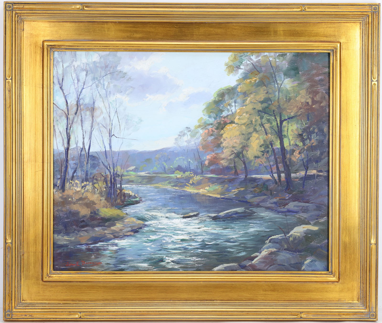 John Berninger (1897 - 1981): Oil on board, SLL. Impressionist landscape with flowing creek and sunlit trees. 16"h x 20"w 22"h x 26"w framed