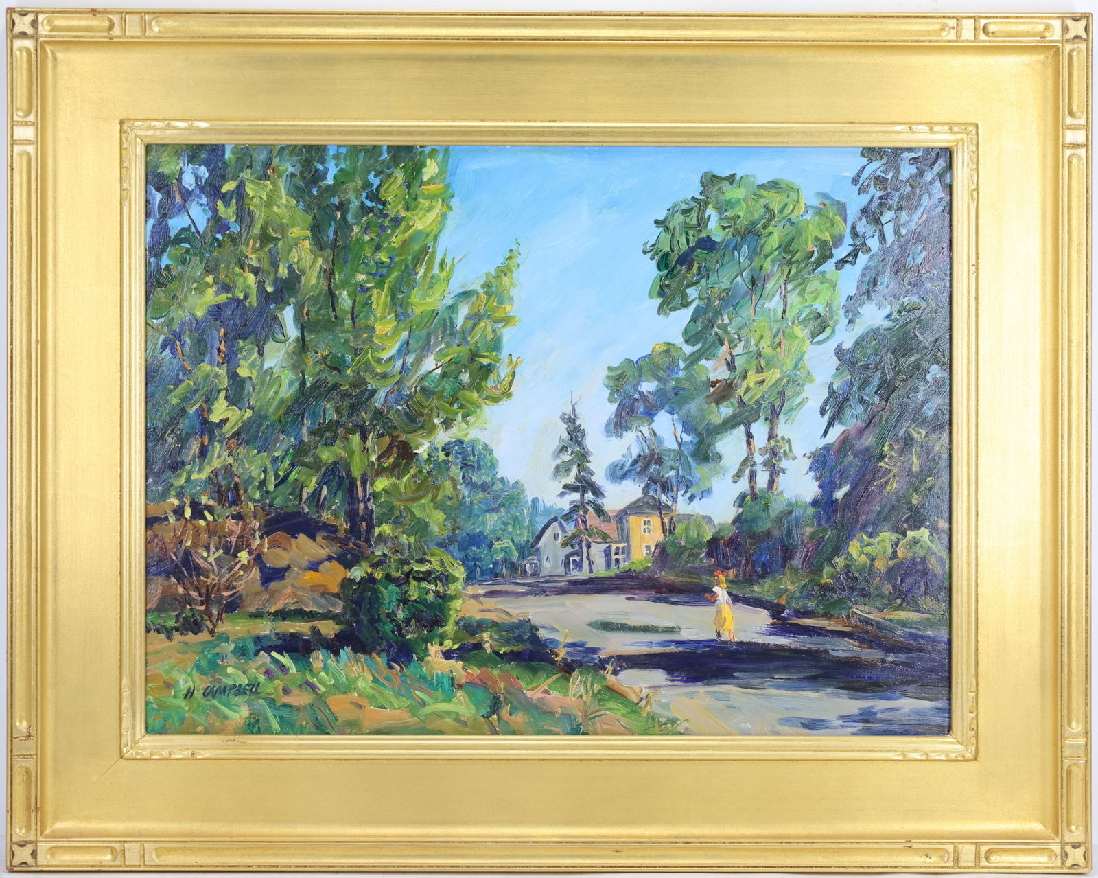 Hugh H. Campbell (1905-1997): Oil on board, "At the end of summer", SLL, Impressionist landscape with cottages and figure walking up a path. 18"h x 24"w and 25"h x 31"w framed