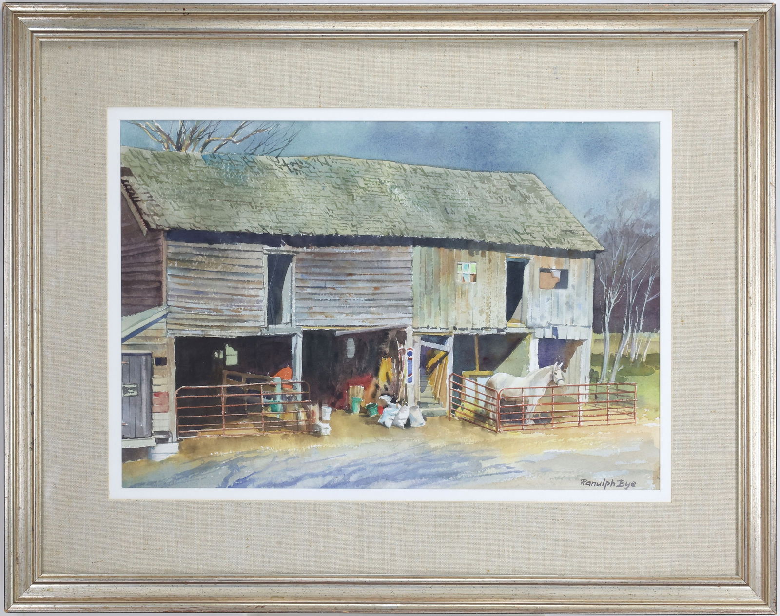 Ranulph Bye (1916-2003): watercolor, "Miller's Barn", SLR. Rural scene of weathered barn with open bays, tools, and white horse in fenced stall. 14"h x 21"w sight and 23"h x 30"w framed