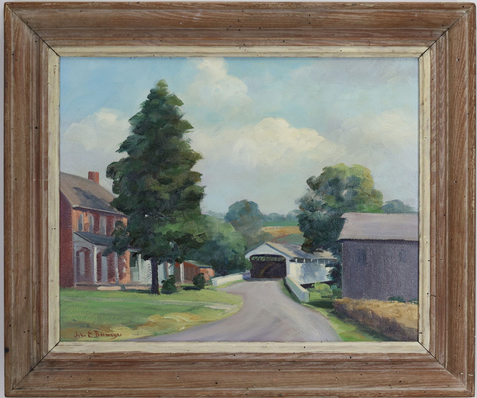 John Berninger (1897 - 1981): Oil on board, SLL. Impressionist rural landscape with farmhouse and road leading to wooden covered bridge.16"h x 20"w and 21"h x 25"w framed