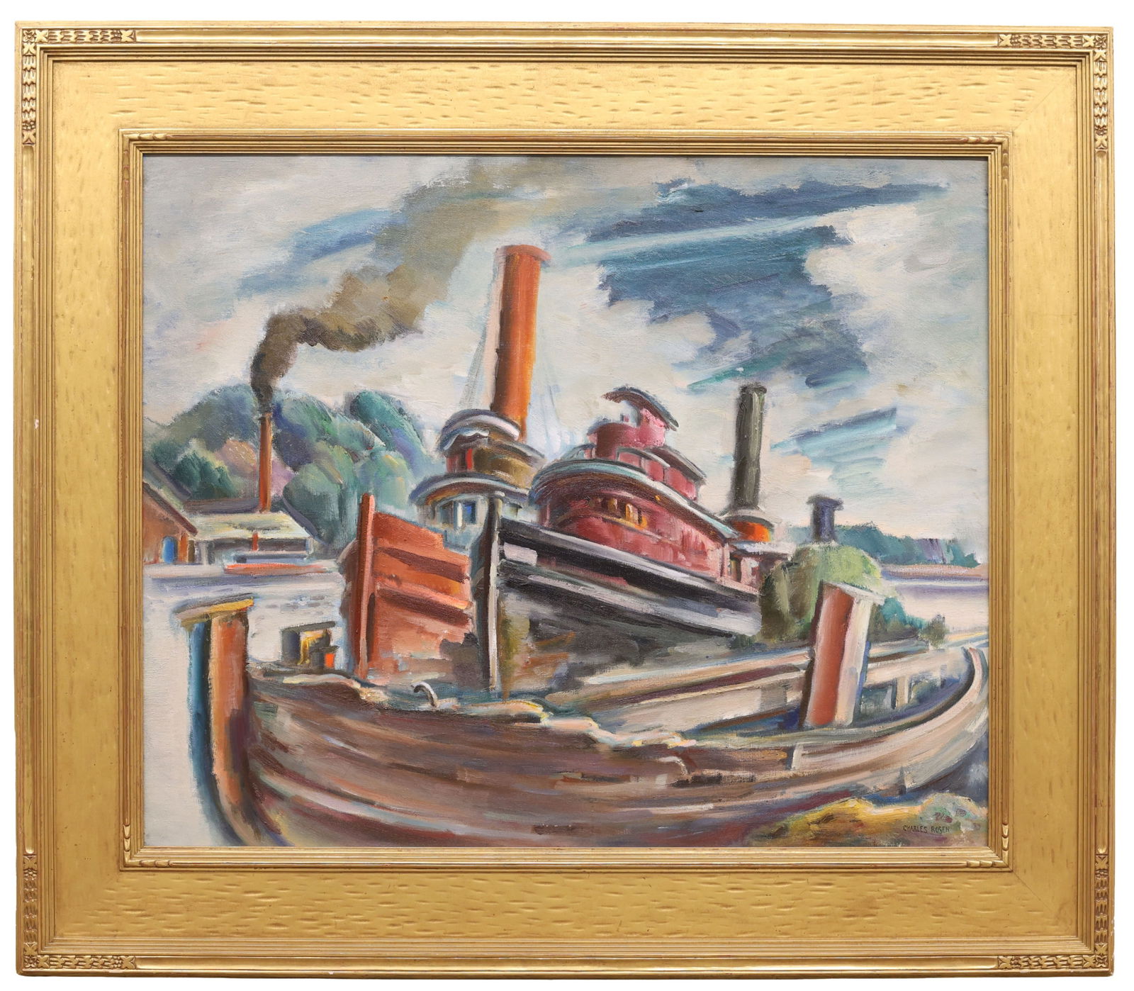 Charles J (Cy) Rosen (1878 - 1950): oil on canvas, "Darelicks", SLR. Modernist industrial river scene with tugboats and smokestacks along the waterfront. 32"h x 40"w and 43"h x 51"w framed