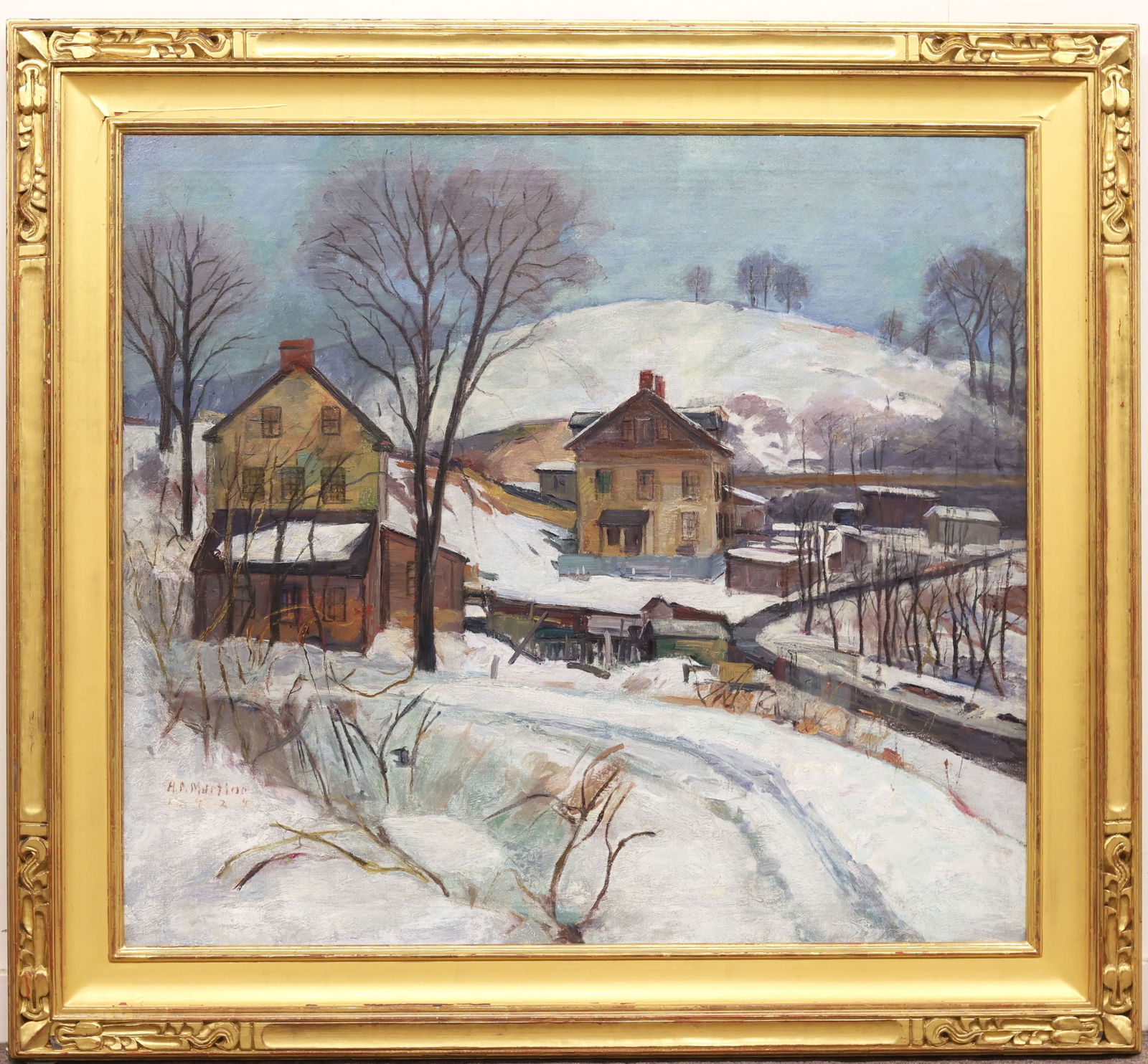 Antonio Martino (1902 - 1988): Oil on canvas, "The Left Turn", SDLL 1924. Impressionist winter landscape with hillside houses and barns. 36"h x40"w and 46"h x 50"w framed