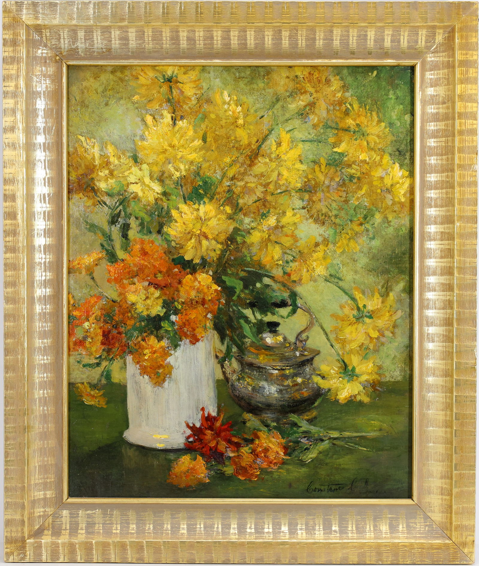 Constance Cochrane (1888 - 1962): Oil on canvas, SLR. Floral still life with yellow and orange chrysanthemums in white vase and metal coffee pot. 20"h x 16"w and 25"h x 21"w framed