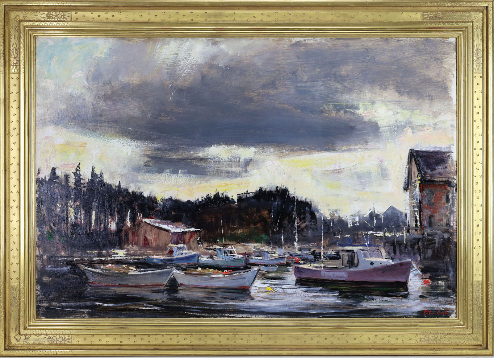 Peter Geoffrey Cook (1915 - 1992): Oil on board, "Working Harbor", SLR. Impressionist harbor scene with moored fishing boats and shoreline buildings. 24"h x 35"w and 30"h x 42"w framed