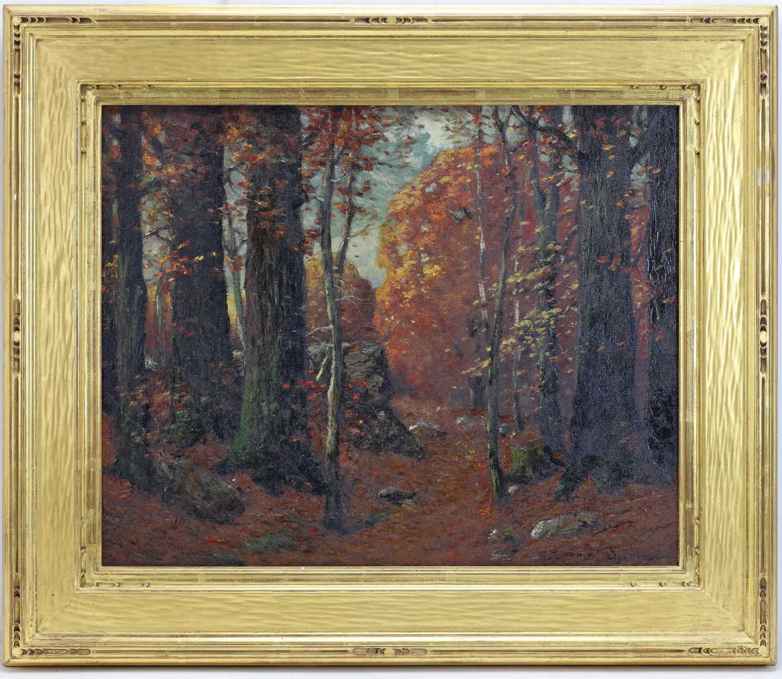 Robert Emmett Owen (1878 - 1957): Oil on canvas, "Autumnal Woods", SLR. Tonalist autumn woodland interior with fallen leaves amongst tall trees. 16"h x 20"w and 22.5"h x 26.5"w framed