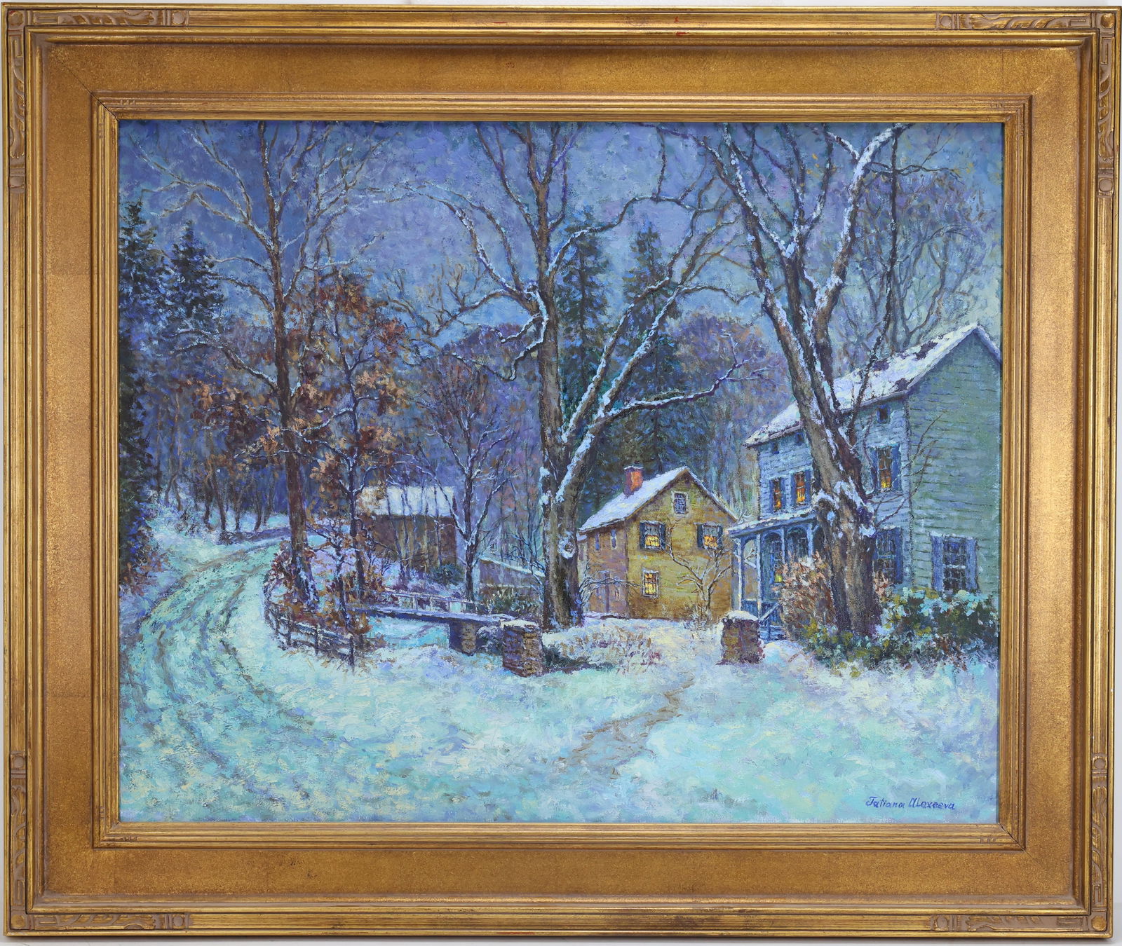 Tatiana M. Alexeeva (Born 1963): Oil on canvas, "Quiet Night", SLR. Impressionist nocturne of a snowy village with houses along a winding road. 24"h x 30"w and 31"h x37"w framed