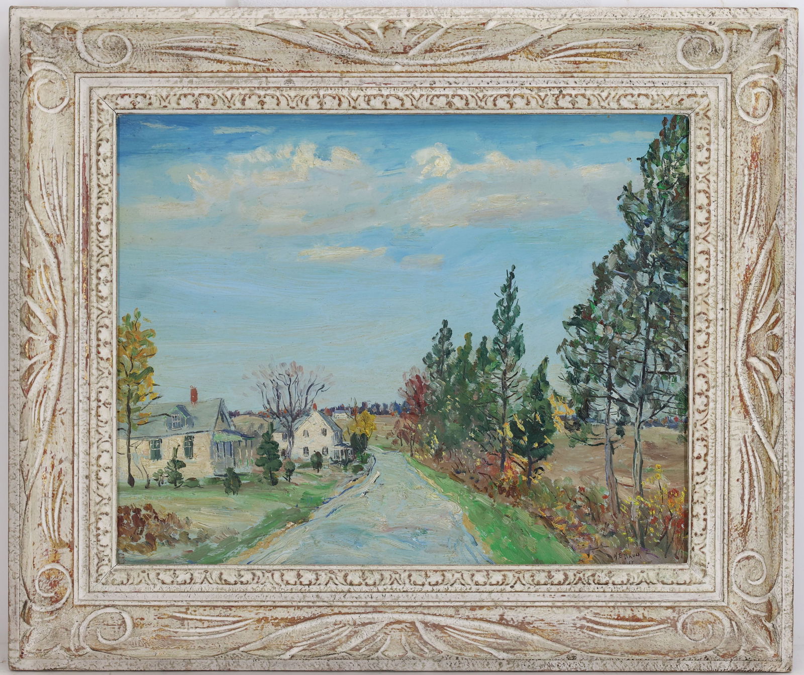 Walter Emerson Baum (1884 - 1956): Oil on board, "Trumbauersville Road", SLR. Impressionist rural landscape with farmhouse and trees along a country lane. 16"h x 20"w and 22.5"h x 26.5"w framed